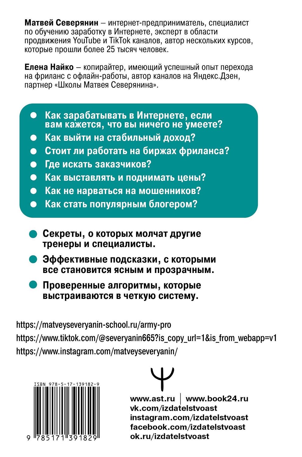 АСТ Матвей Северянин, Елена Найко "Заработок в интернете. Секреты, подсказки, проверенные алгоритмы" 374734 978-5-17-139182-9