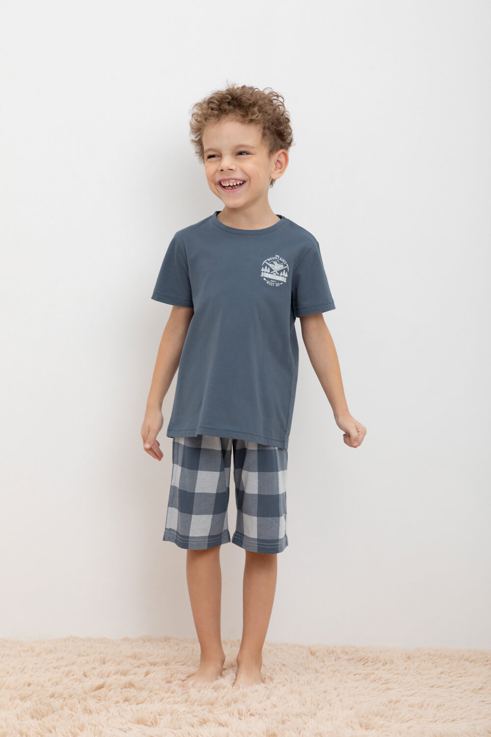 CROCKID Пижама 398244 К 1634-1 винтажный синий, клетка виши
