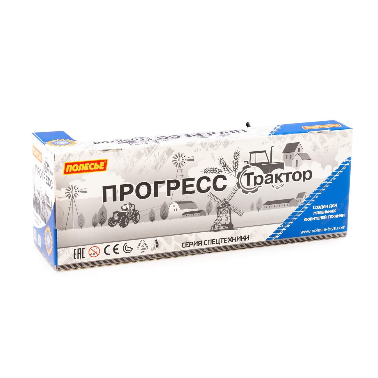 Полесье Трактор "Прогресс" с бортовым прицепом инерционный (синий) + набор продуктов (7 элементов) (в коробке) 534031 02291