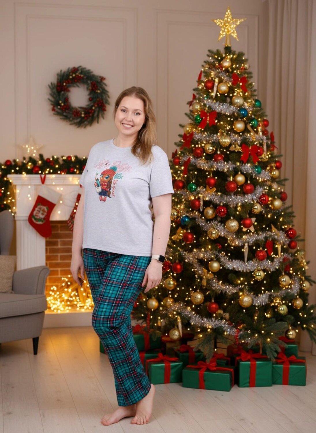 Malina Пижама 567943 3183б светло-серый меланж/зелёный