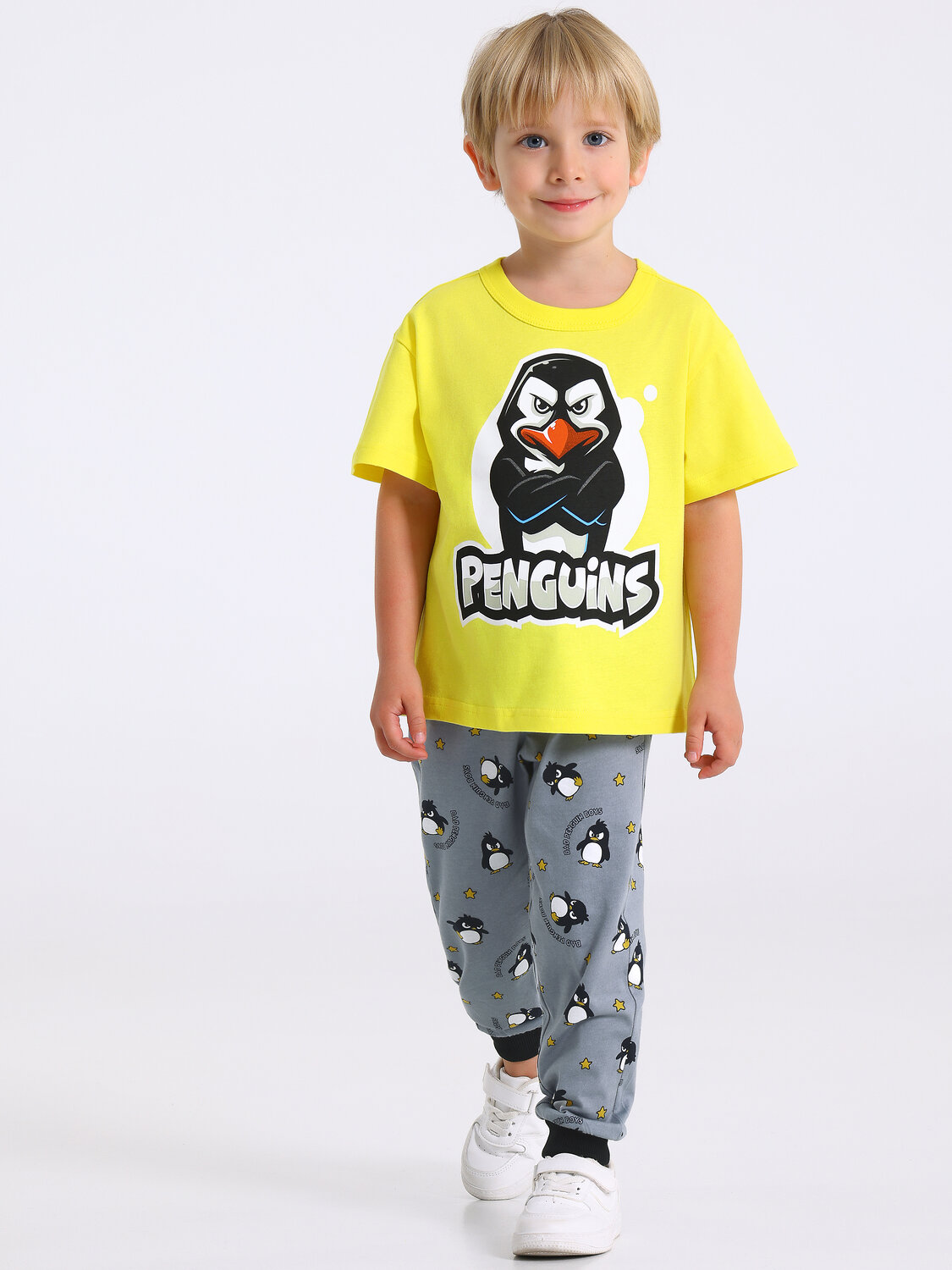 Апрель Комплект 568199 2ПФБ5759001н желтый+пингвины на сером+черный / Сердитый пингвин