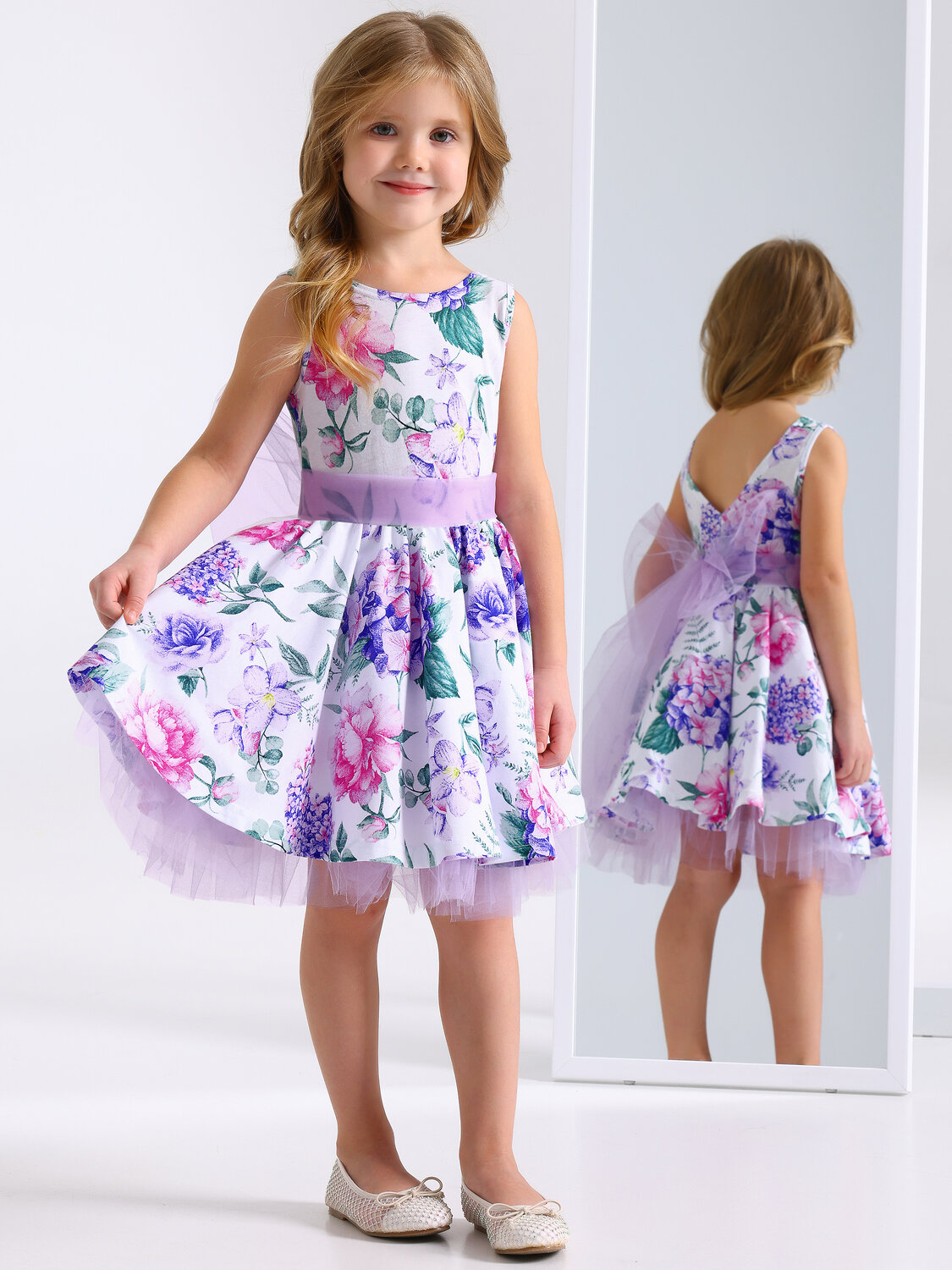 Апрель Платье 568200 1ДПБ4650001нс гортензия и сирень на белом+сиреневый