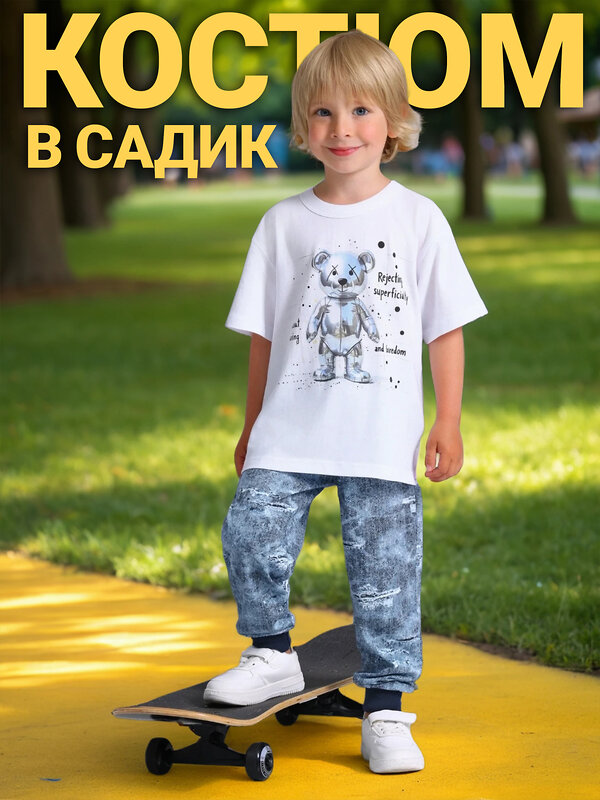 Апрель Брюки 546599 2ПФБ5759001н белый+джинсовый стиль+темно-синий77 / Глянцевый мишка