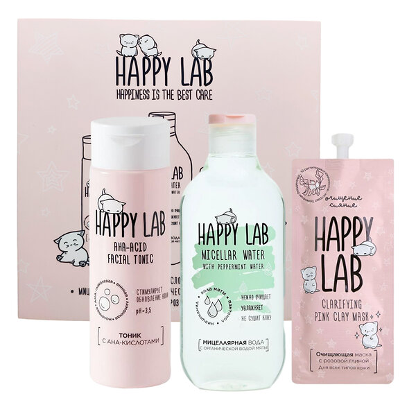 Happy Lab Набор очищающих средств для ухода за молодой кожей / Тоник, мицеллярная вода, очищающая маска, 200 мл, 300 мл, 20 мл 565834 23775