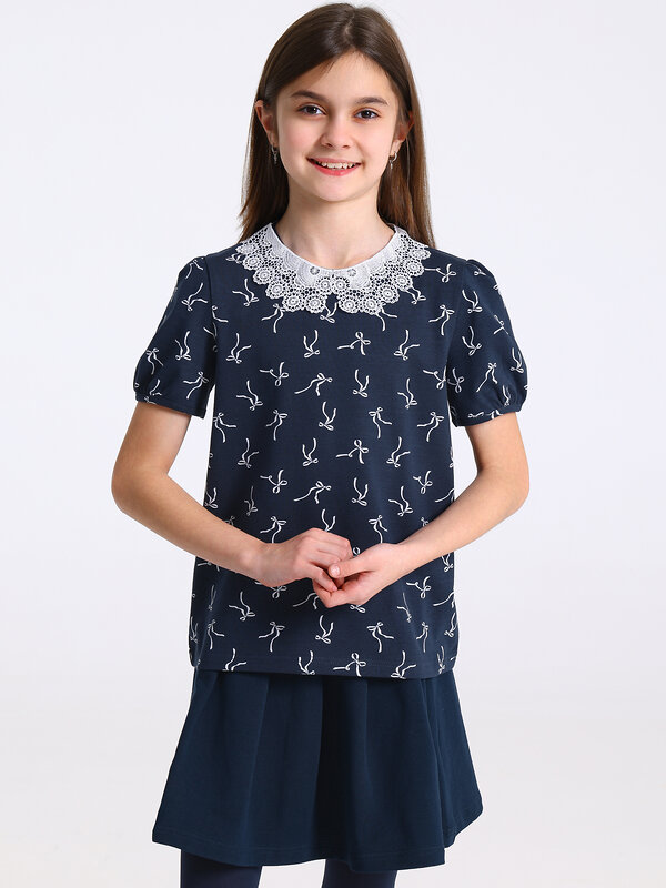 Апрель Блузка 568194 1ДДБК4711804н белые бантики на темно-синем+белый