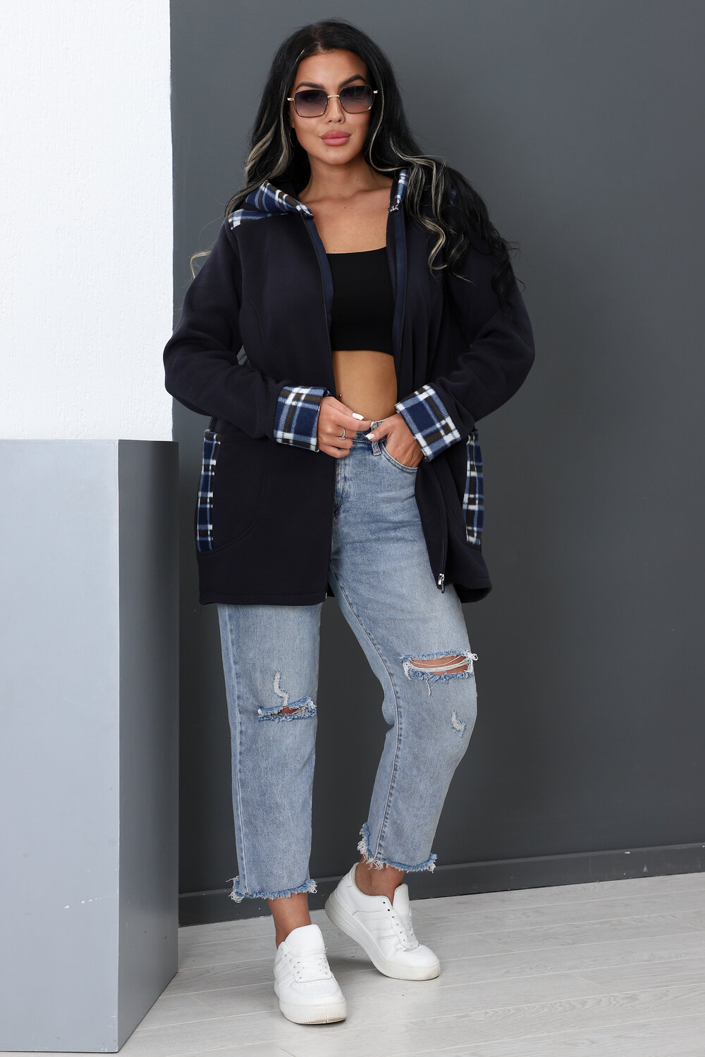 Натали Толстовка 396528 52223 синий крупная клетка