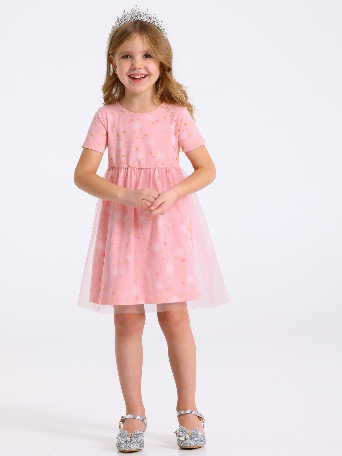 Апрель Платье 568318 1ДПК4068804нгс звездное небо на розовом с глиттером+нежно-розовый