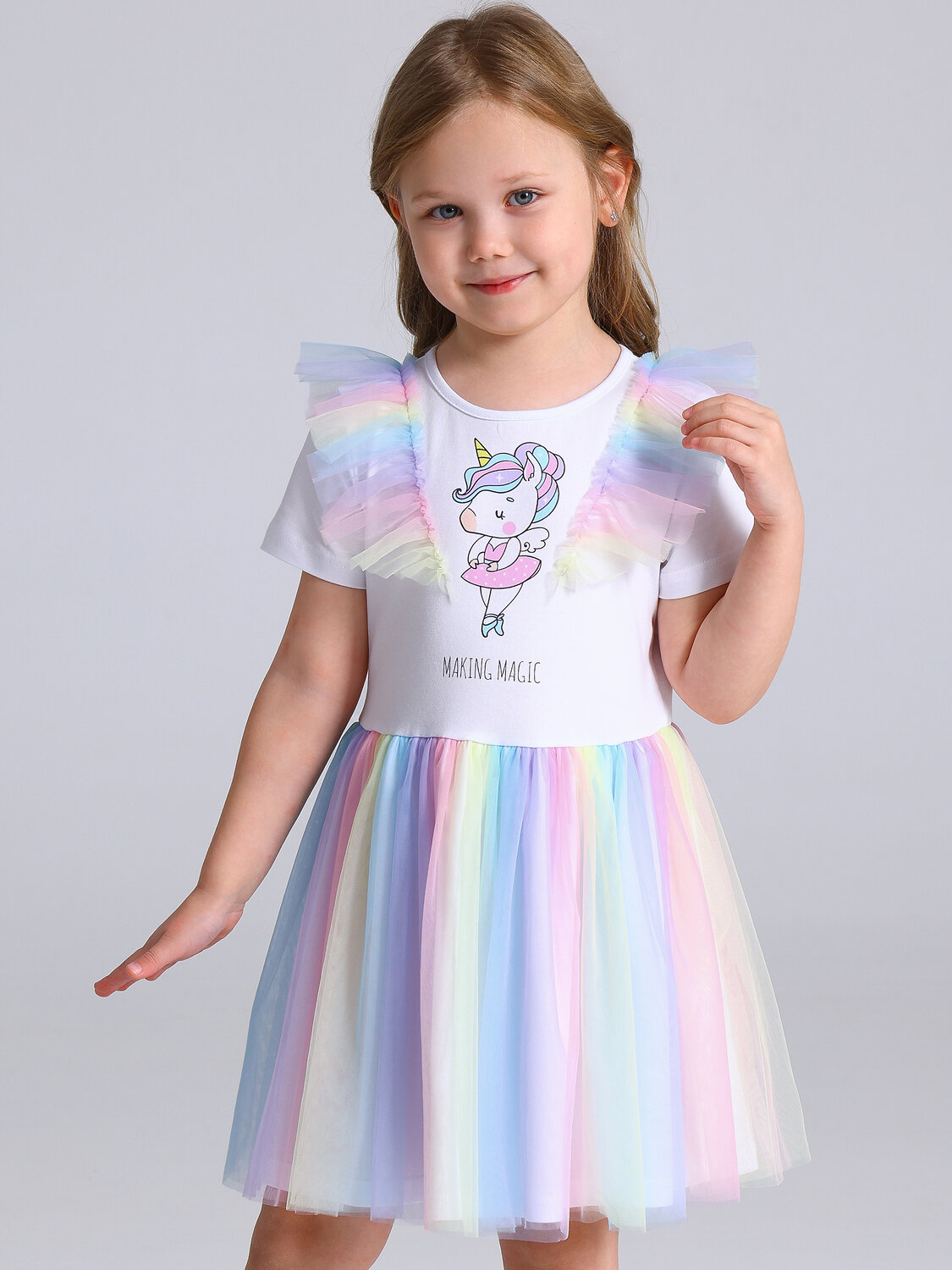 Апрель Платье 573620 1ДПК4756804с белый+разноцветный градиент / Единорог балерина