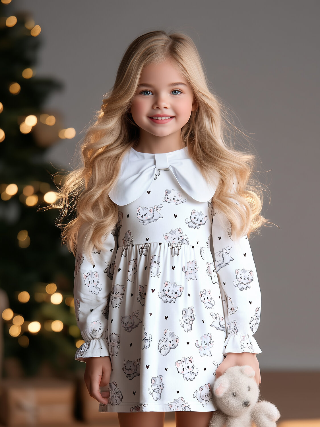 Апрель Платье 573625 1ДПД4955001н котята с сердечками на белом+белый