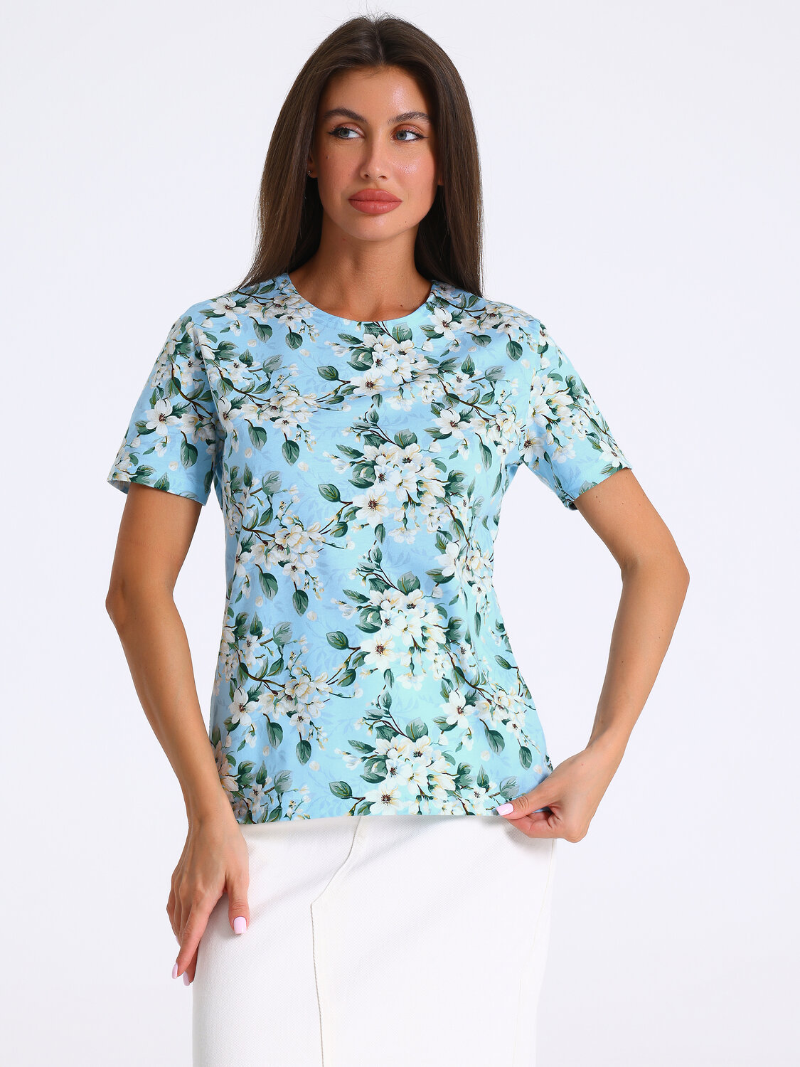 Апрель Футболка 574763 1ЖДФК3302001н яблоневый цвет на светло-голубом