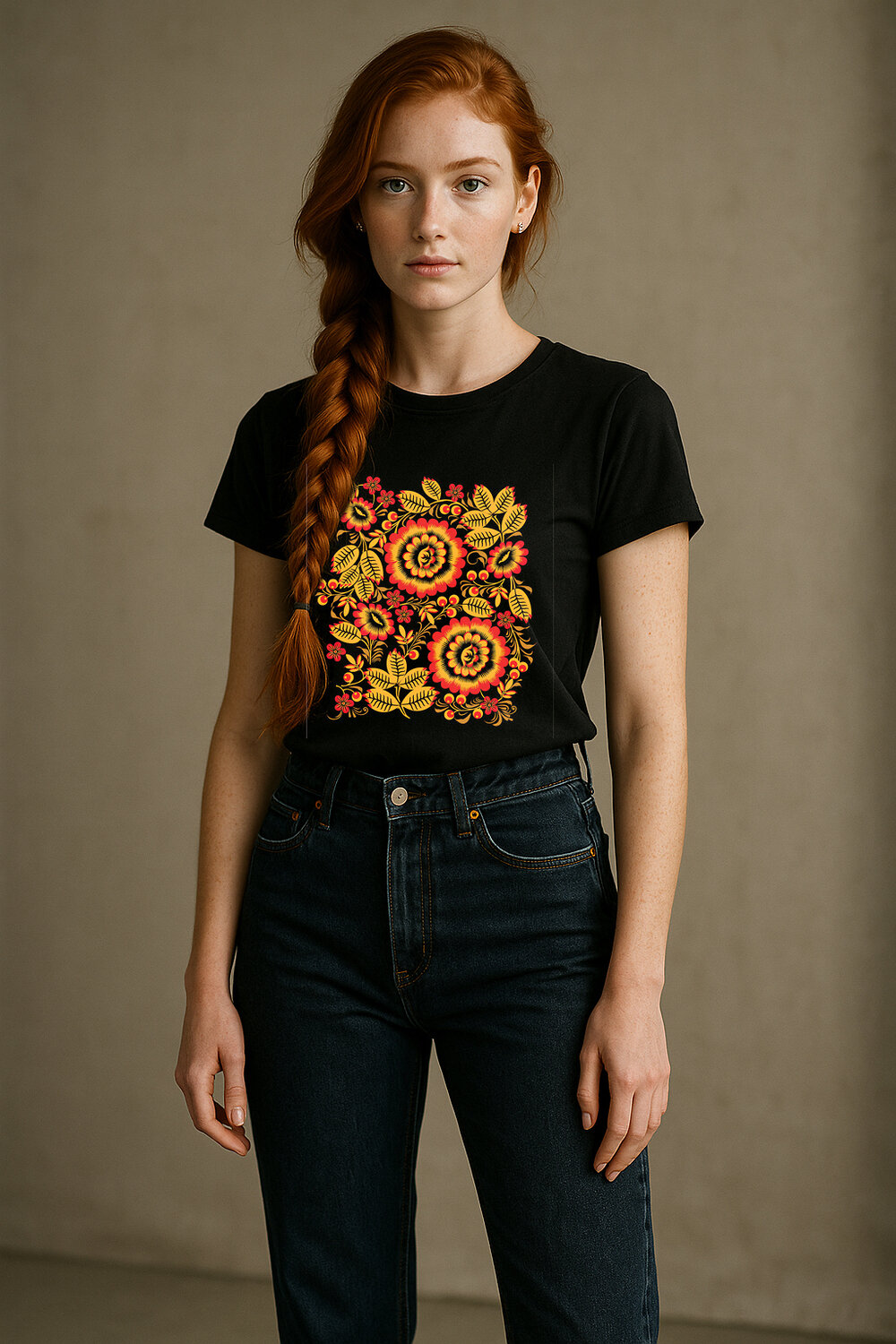 Натали Футболка 576774 8589 черная+хохлома