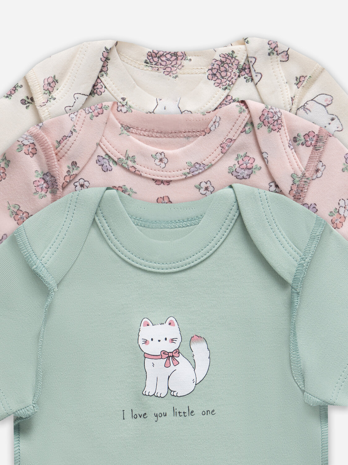 MARK FORMELLE Боди детское 578130 13015-1-3 котики с цветами на молочном +мята +цветочки на розовом