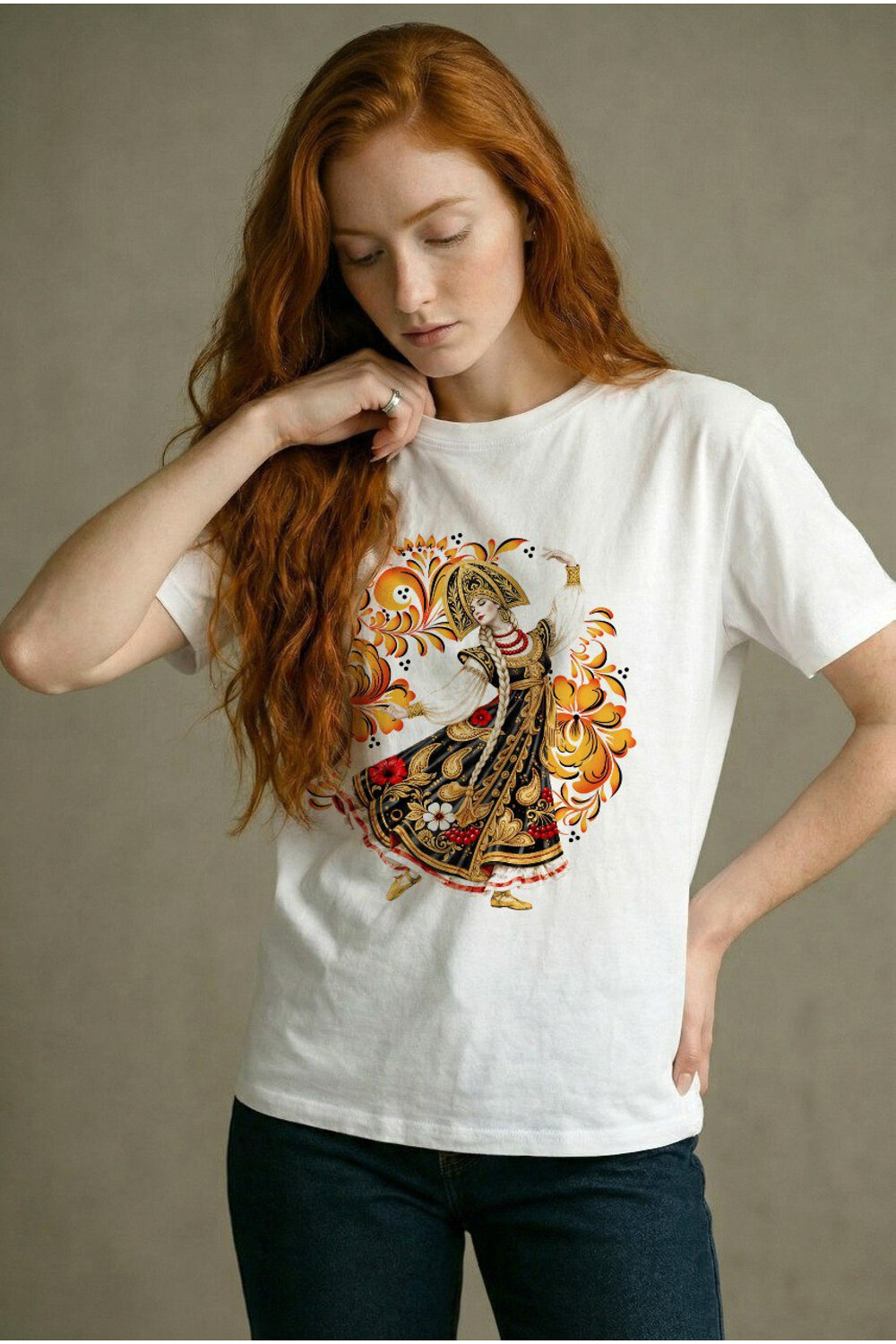 Натали Футболка 579664 8589 белая+танец хохлома