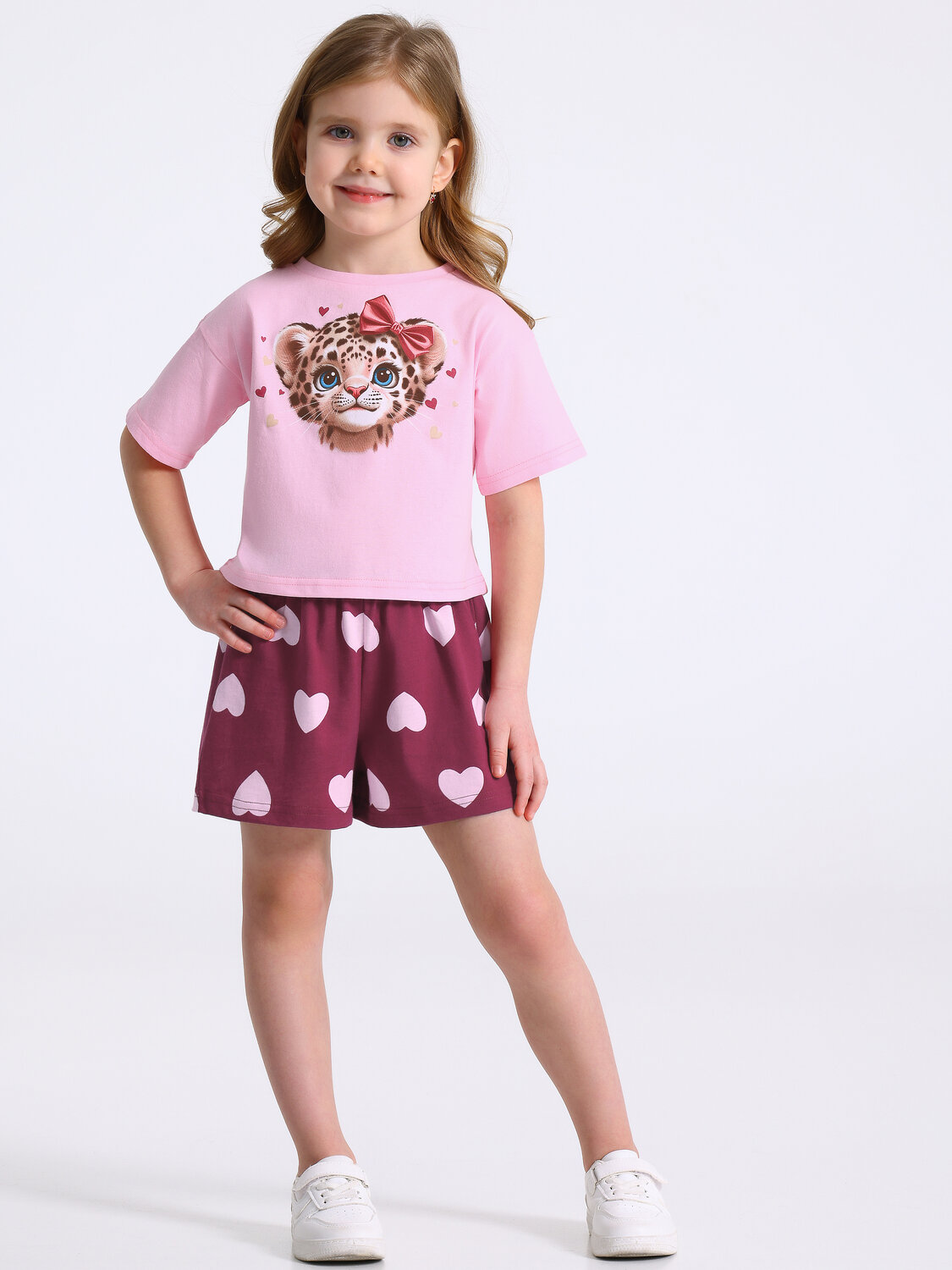 Апрель Комплект 581650 2ДЖФШ5742001н светло-розовый+светло-розовые сердца на бордовом / Лео с бантом