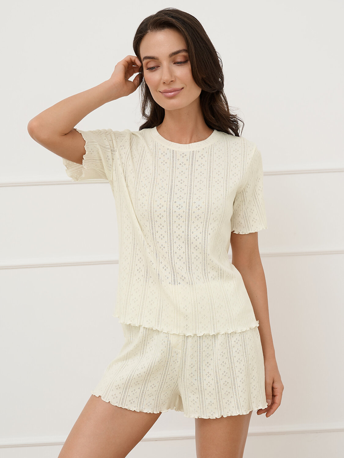 Omsa Пижама 582072 OmD 0260D POINTELLE Пижама женская (Футболка+Шорты с гульфиком), СО Avorio (Молочный)