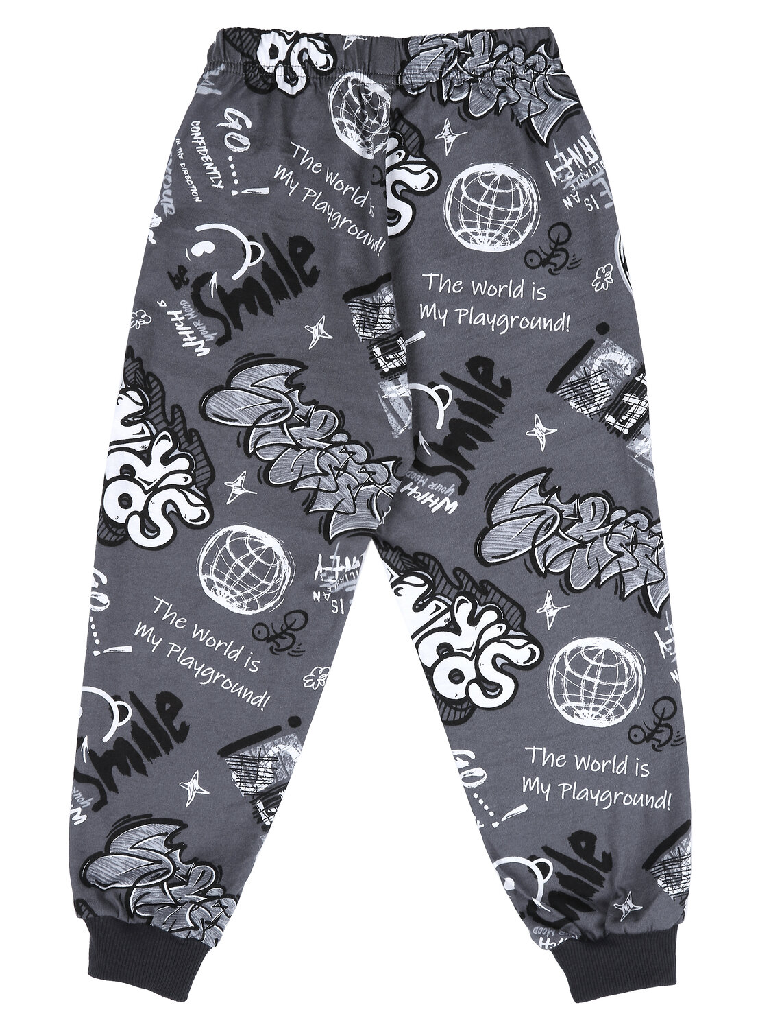 Апрель Брюки 582271 1ПБМ4644001н черно-белые граффити на сером+темно-серый