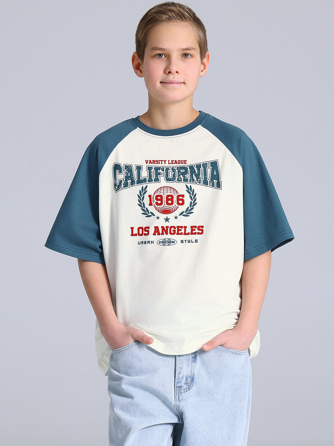 Апрель Футболка 582286 1ПДФК4975001 сливки+темно-голубой