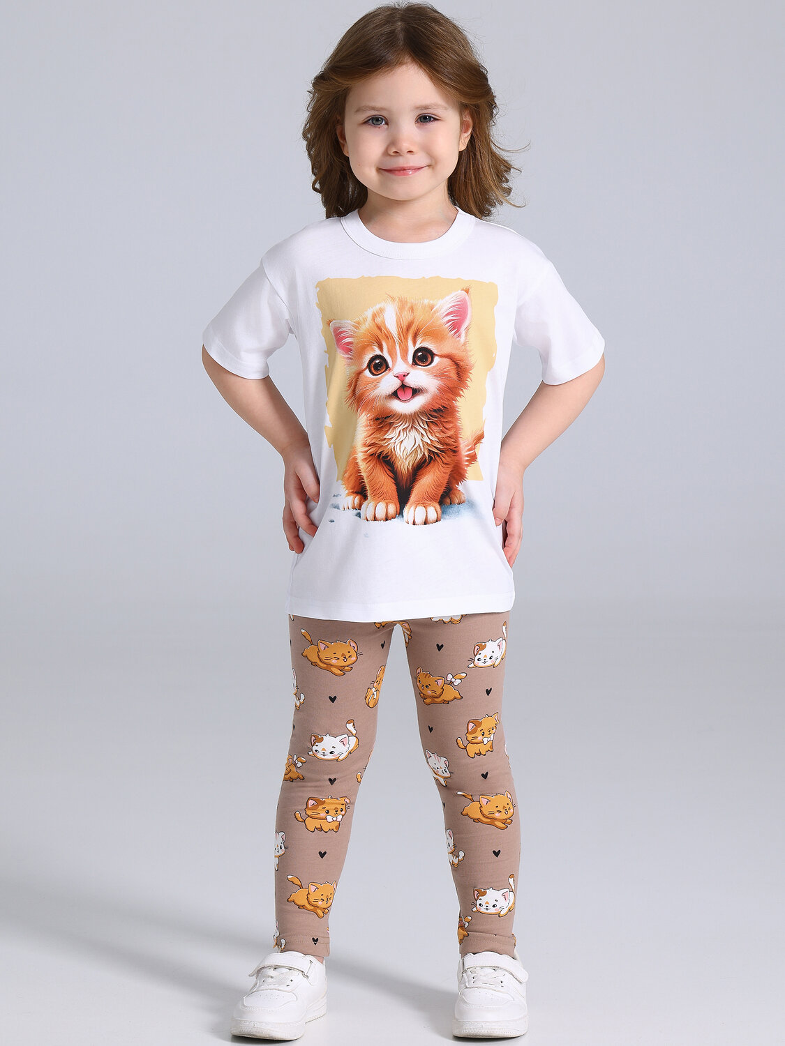 Апрель Комплект 582588 2ДДР5705001н белый+котята с сердечками на темно-бежевом / Рыжик