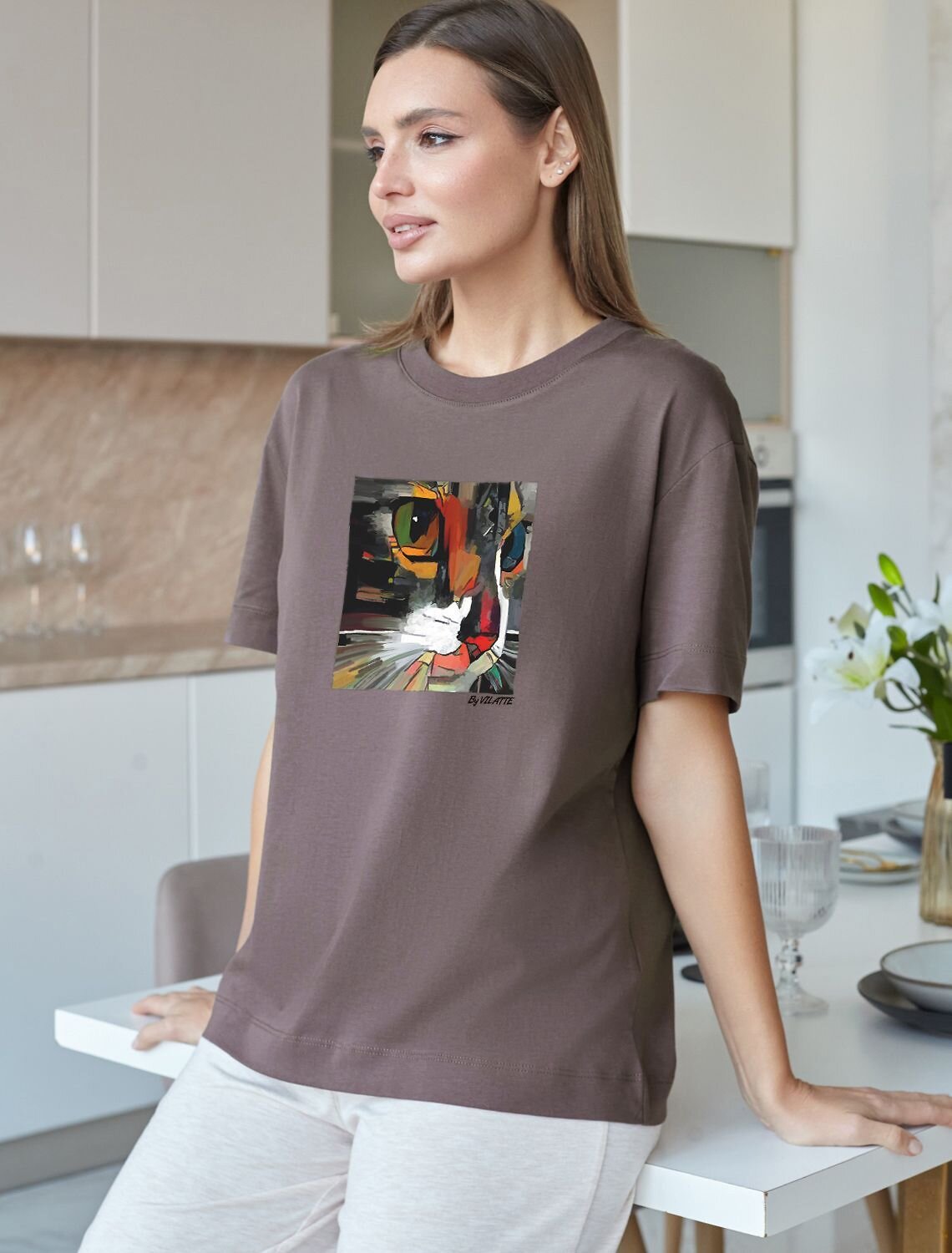 VILATTE Футболка 583454 D49.158 кофе_арт_котик