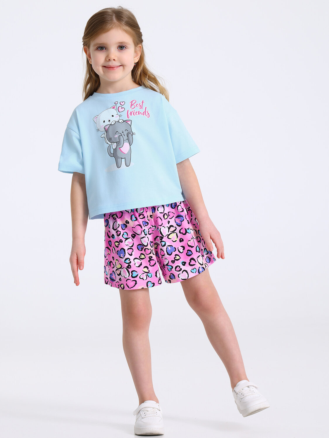 Апрель Комплект 584165 2ДЖФШ5742001н светло-голубой+сердечки леопард на розовом / Котята и сердечки