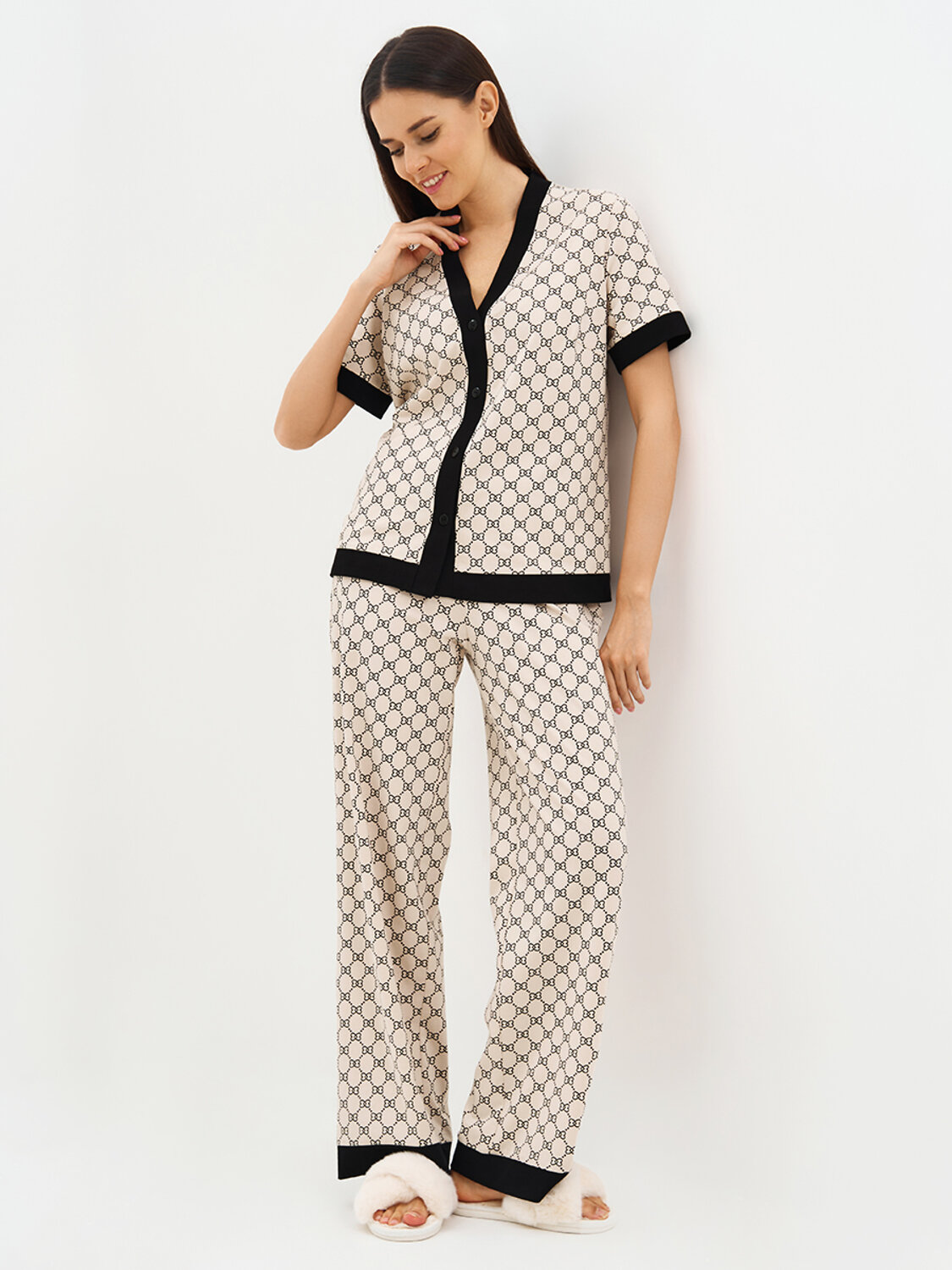 Omsa Пижама 588816 OmD 0244D ALTA MODA Пижама принт. жен. (Рубашка кор.рукав+Брюки прямые), CO Beige (Бежевый)