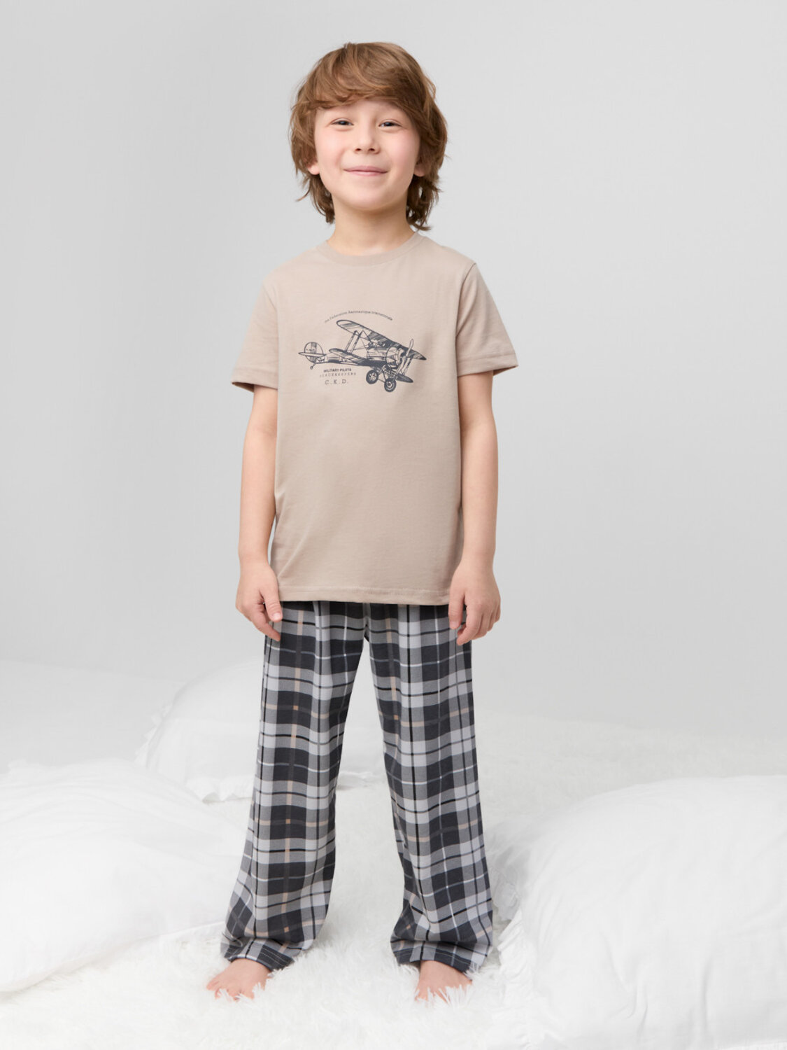 CROCKID Пижама 599941 К 1599 темно-бежевый, клетка таттерсолл