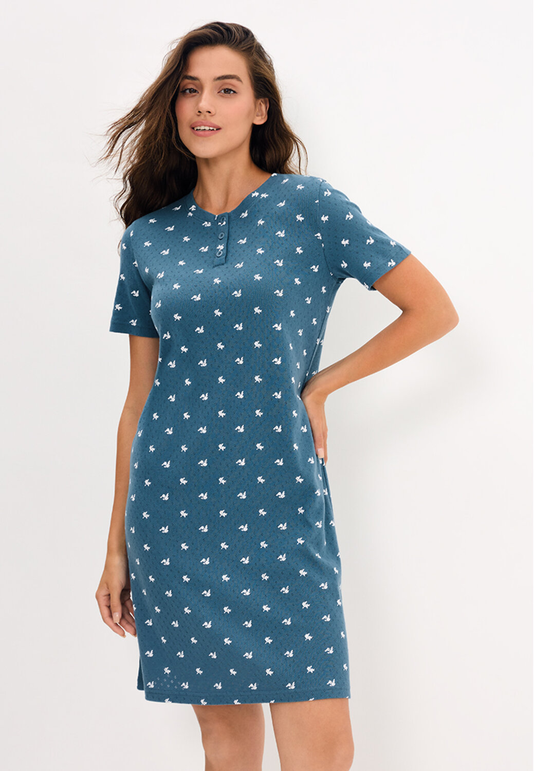 Omsa Сорочка 608720 OmD 0114D POINTELLE PRINT AW26 Сорочка ночная женская (кор.рукав), СО Navy (Синий)