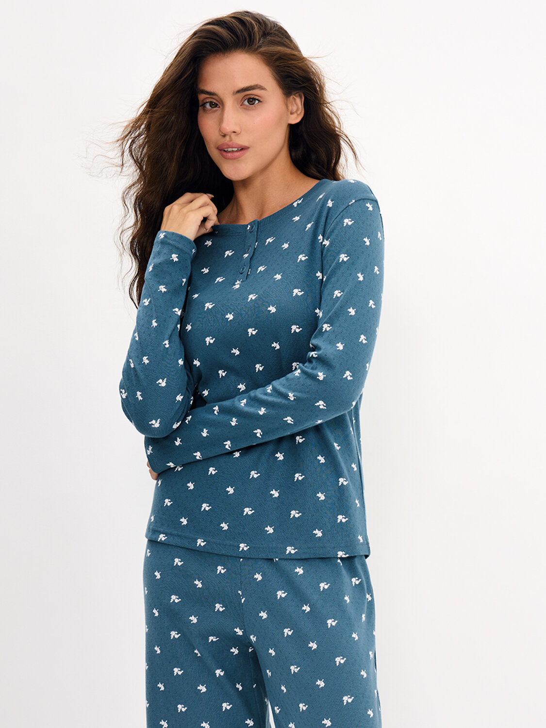 Omsa Пижама 608722 OmD 0244D POINTELLE PRINT AW26 Пижама жен. (Лонгслив+Брюки), СО Navy (Синий)