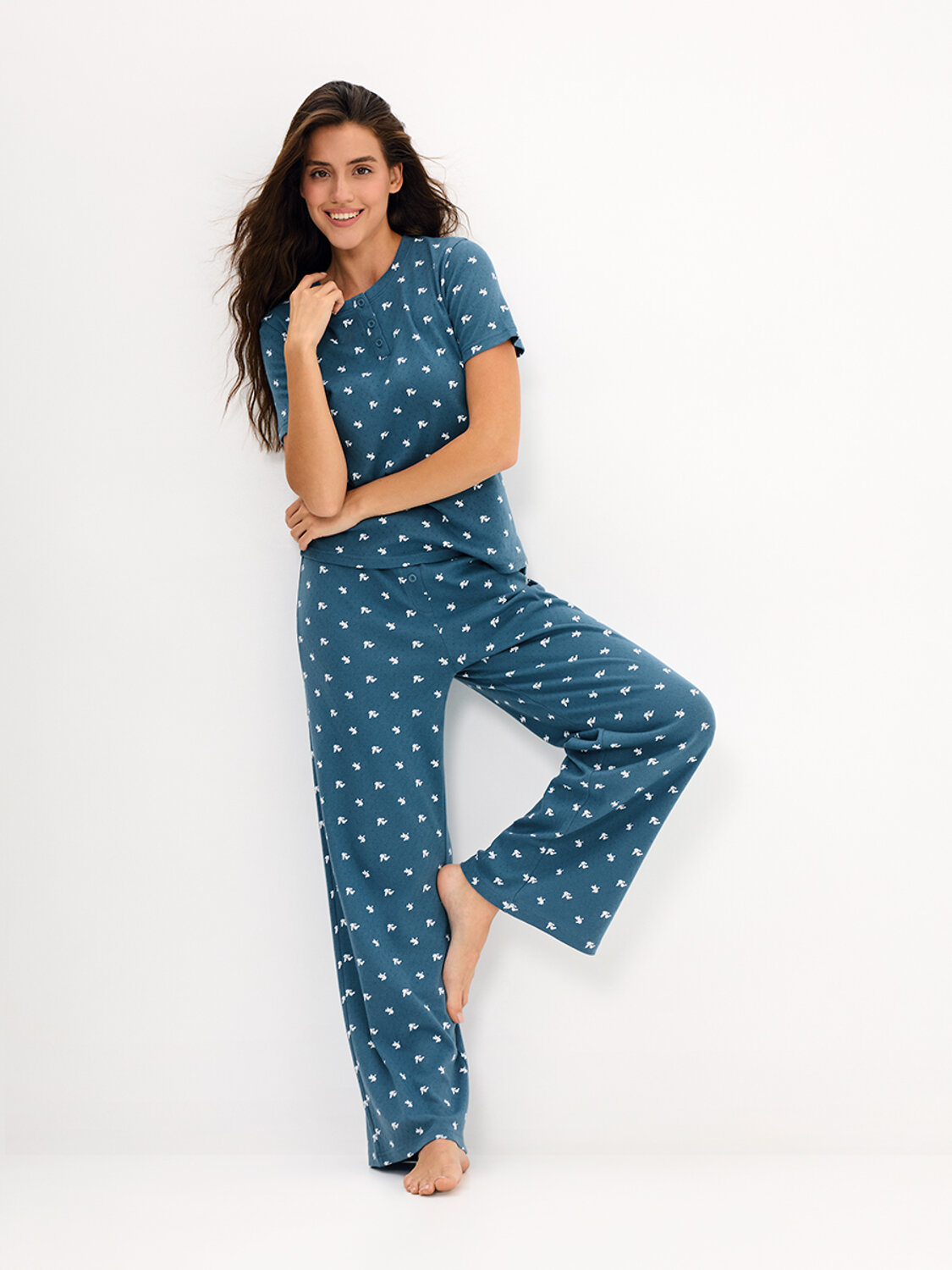 Omsa Пижама 608723 OmD 0250D POINTELLE PRINT AW26 Пижама жен. (Футболка+Брюки), СО Navy (Синий)