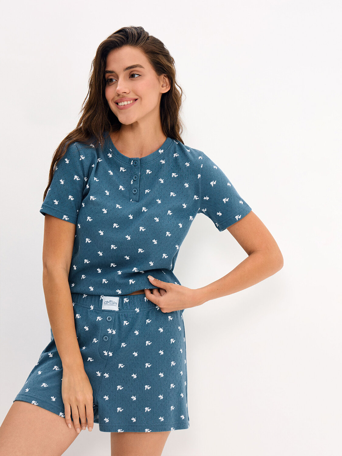 Omsa Пижама 608724 OmD 0260D POINTELLE PRINT AW26 Пижама женская (Футболка+Шорты), СО Navy (Синий)