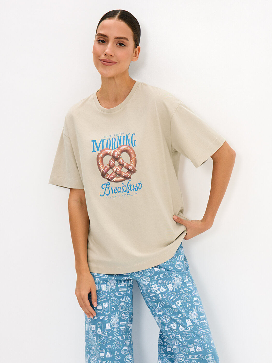 Minimi Пижама 610303 DMi 0227D MATTINA Пижама женская (Футболка + Брюки), СО Beige/Blu Сhiaro (Бежевый)