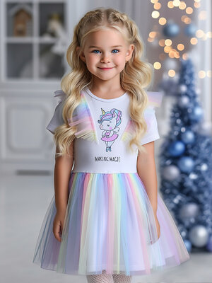 Апрель Платье 573620 1ДПК4756804с белый+разноцветный градиент / Единорог балерина