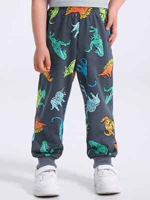 Апрель Брюки 581641 1ПБМ4644001н цветные фигурки динозавров на темно-сером+темно-серый
