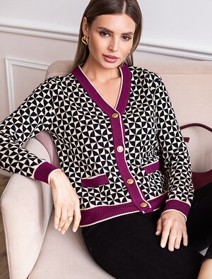 VILATTE Кардиган 582041 D31.132 черный-бежевый, фиолетовый
