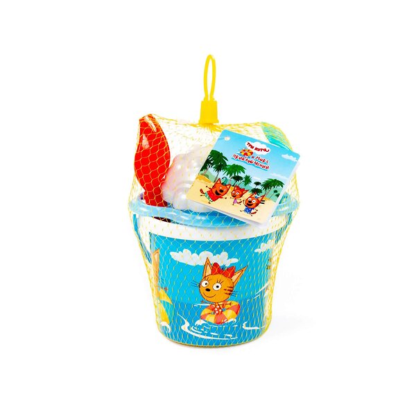 Полесье Песочный набор "Три кота и море приключений" №1: Ведро малое с наклейкой, ситечко-цветок, совок №2, грабельки №2, формочка (краб №2) 323067 91901 