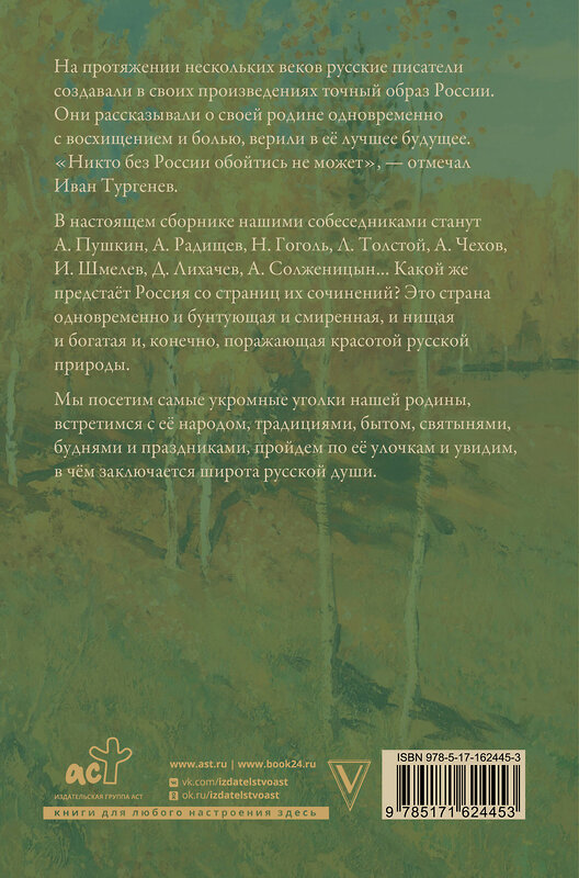 АСТ Пушкин А.С., Радищев А.Н., Гоголь Н.В., Лесков Н.С., Лихачев Д.С., Солженицын А.И. "Россия глазами русских писателей" 436279 978-5-17-162445-3 