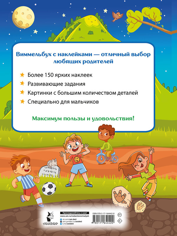 АСТ Дмитриева В.Г. "Виммельбух для мальчиков. Найди и наклей" 442401 978-5-17-164442-0 