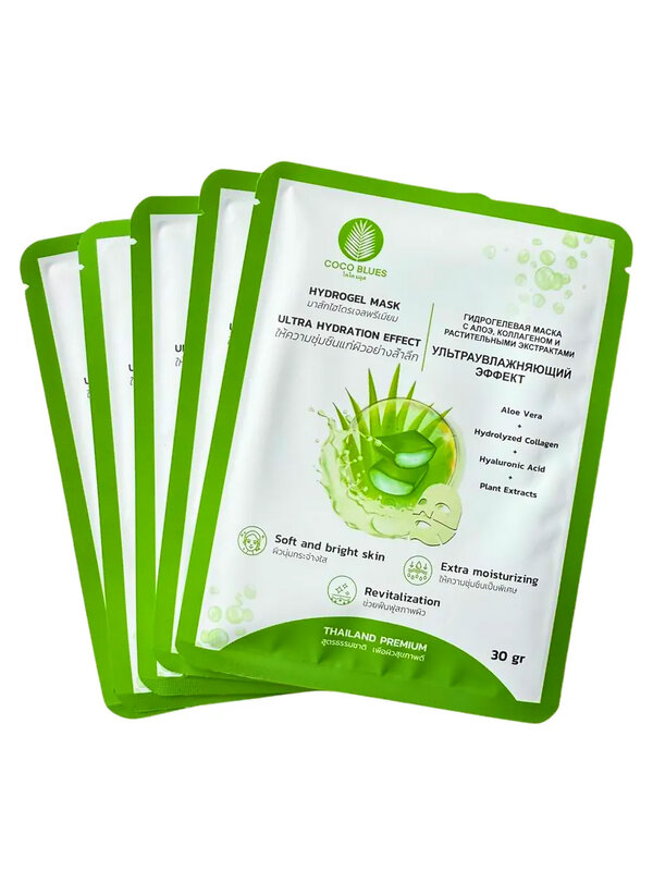 Coco Blues Гидрогелевая маска для лица с алоэ, коллагеном и растительными экстрактами / Ультраувлажняющий эффект, 5 шт. х 30 г 567933 28092 