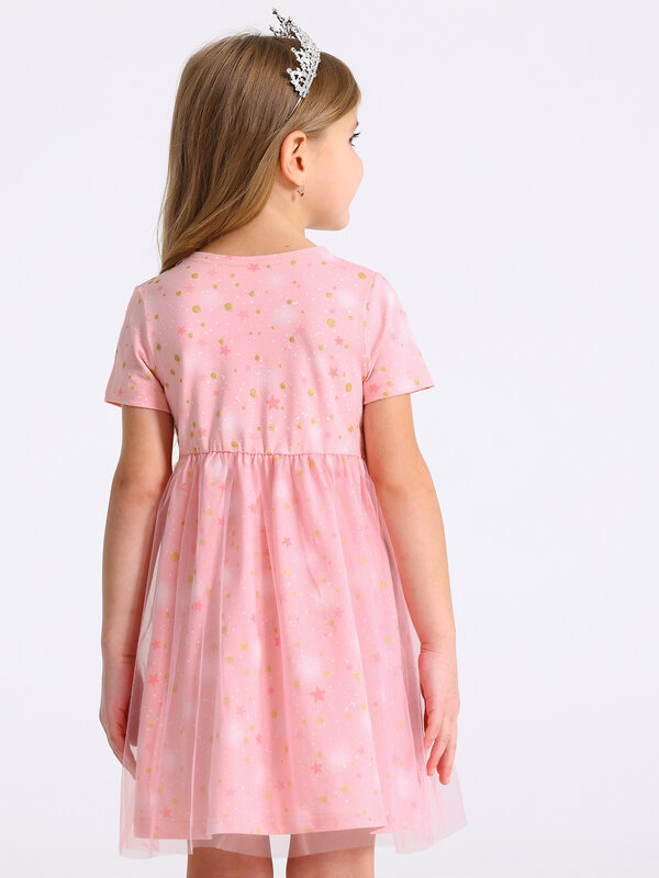 Апрель Платье 568318 1ДПК4068804нгс звездное небо на розовом с глиттером+нежно-розовый