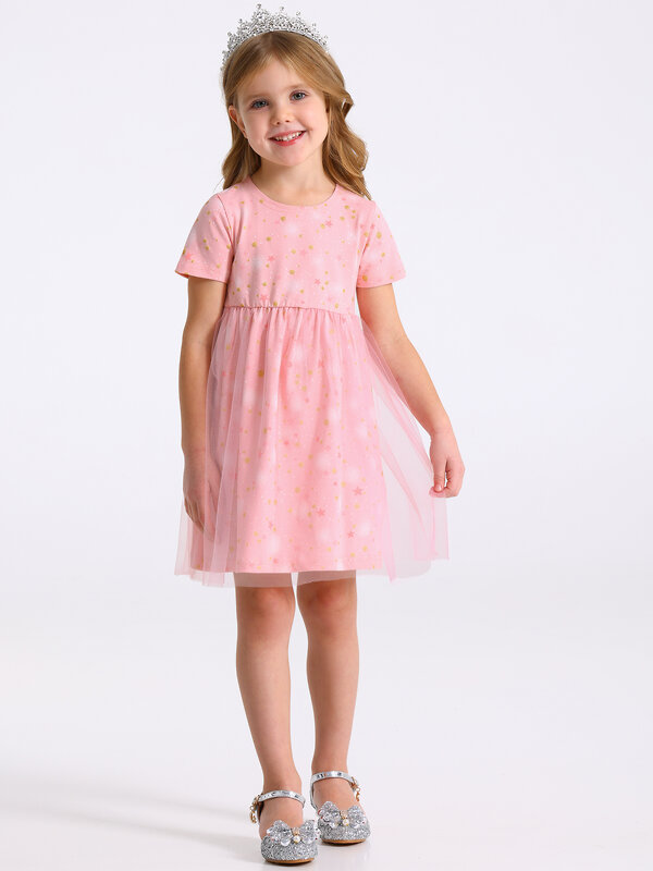 Апрель Платье 568318 1ДПК4068804нгс звездное небо на розовом с глиттером+нежно-розовый