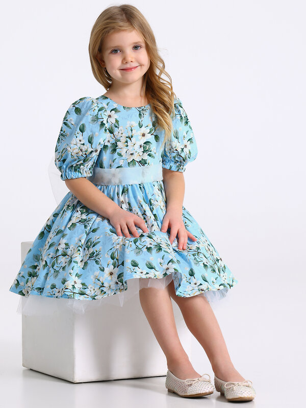 Апрель Платье 573608 1ДПК4929001нс яблоневый цвет на светло-голубом+сливки