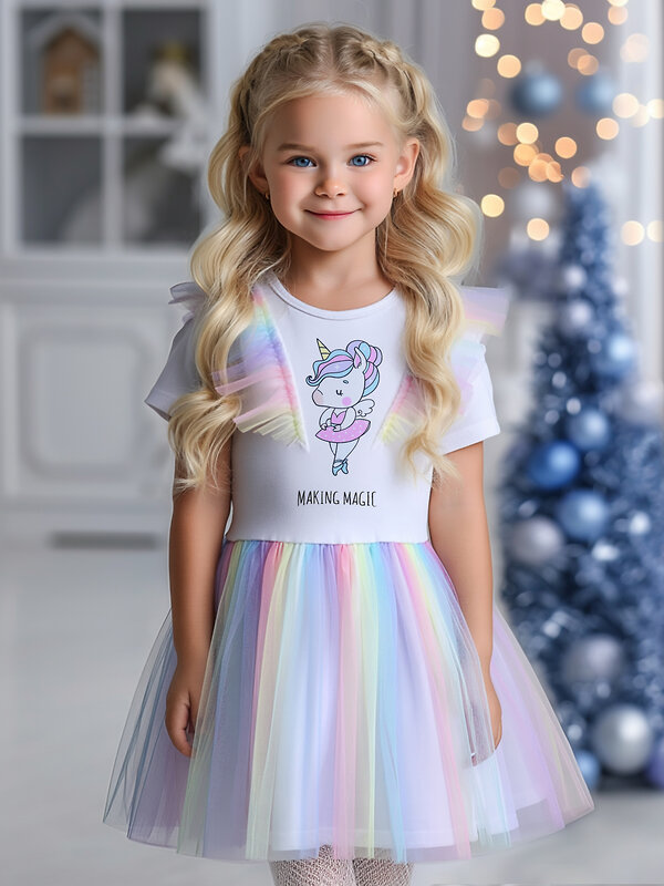 Апрель Платье 573620 1ДПК4756804с белый+разноцветный градиент / Единорог балерина