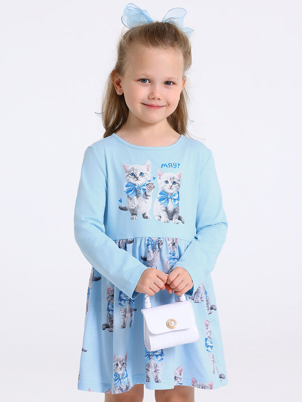 Апрель Платье 573624 1ДПД4425001н голубой+котята с бантами на голубом / Котята с бантами