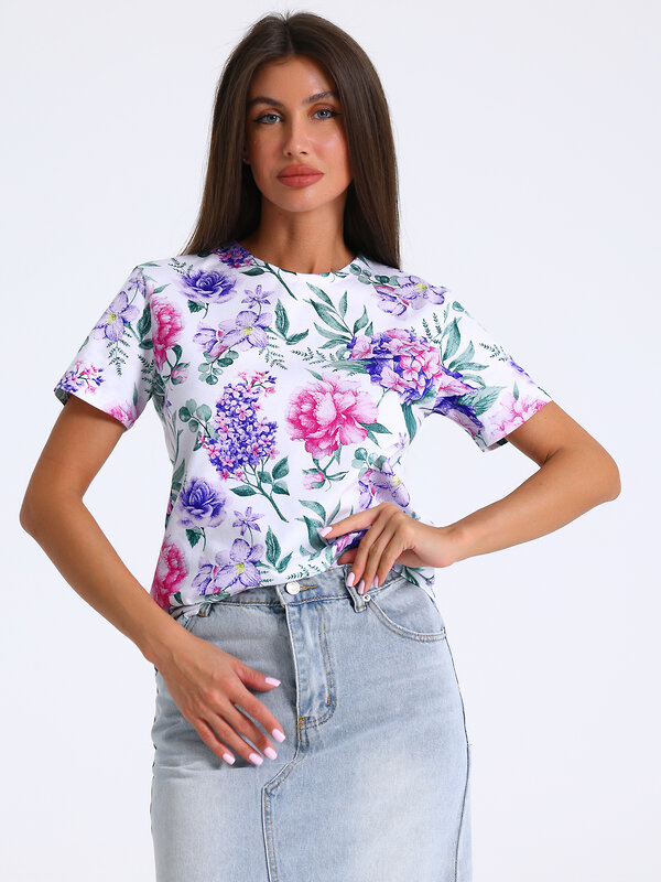 Апрель Футболка 574762 1ЖДФК3302001н гортензия и сирень на белом