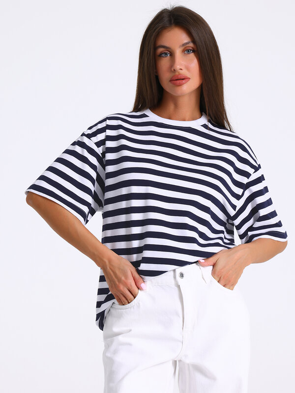 Апрель Футболка 574765 1ЖДФК4660804н полоска темно-синий 16+белый 16+белый