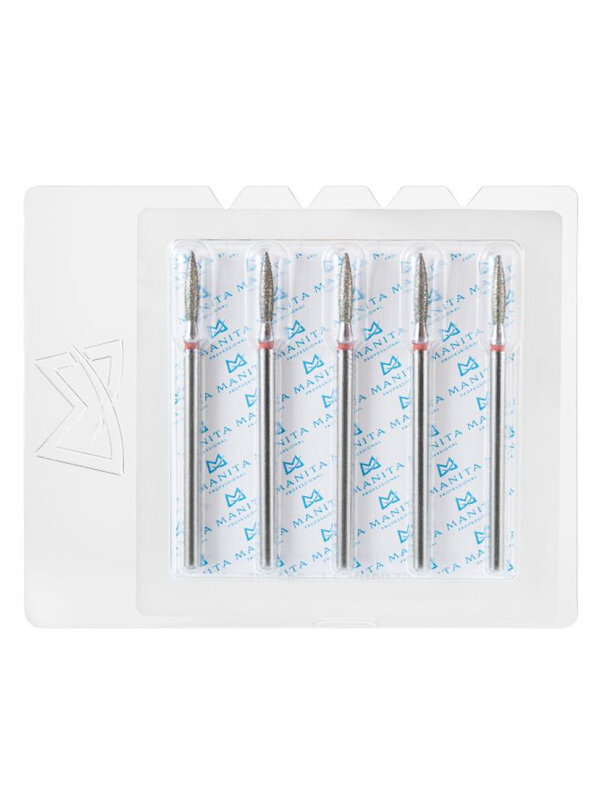 MANITA Фреза алмазная пламя острое удлиненное для аппаратного маникюра 856.104.243.100.021 ФАП-2.1 10М, красная насечка, ø 2,1 мм, 5 шт. 577561 28342 