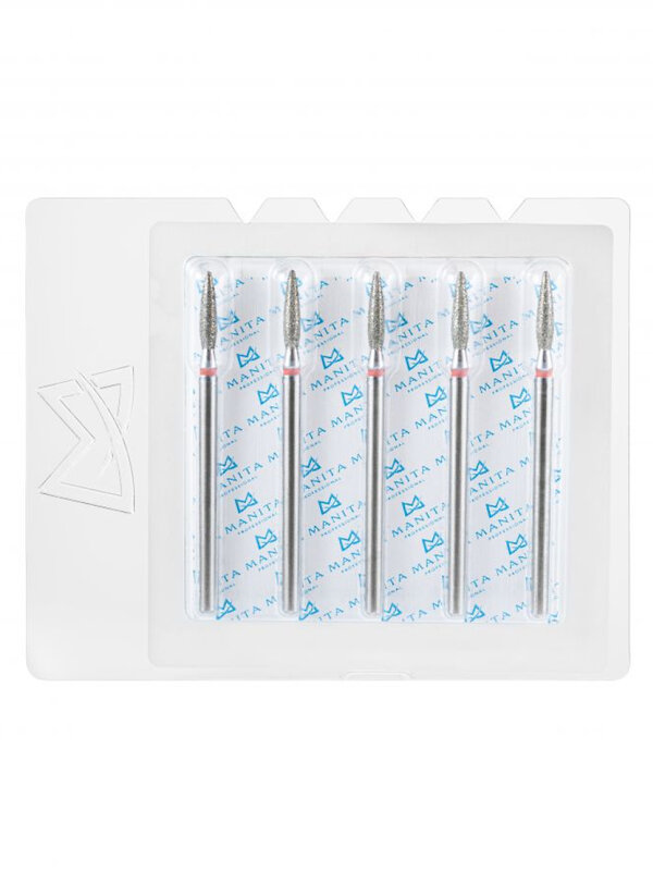 MANITA Фреза алмазная пламя острое удлиненное для аппаратного маникюра 856.104.243.100.023 ФАП-2.3-10М, красная насечка, ø 2,3 мм, 5 шт. 577582 28343 