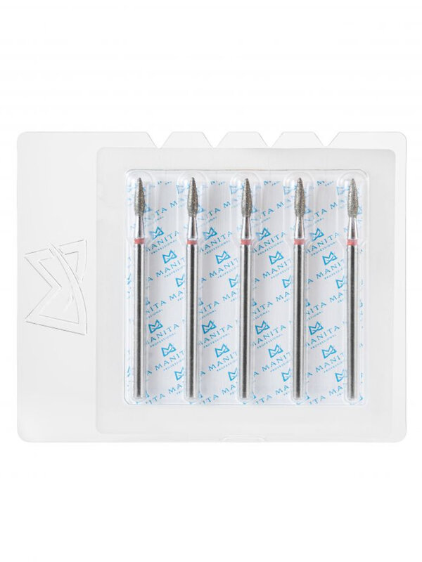 MANITA Фреза алмазная пламя острое для аппаратного маникюра 856.104.243.080.023 ФАП-2.3-8М, красная насечка, ø 2,3 мм, 5 шт. 577599 28341 