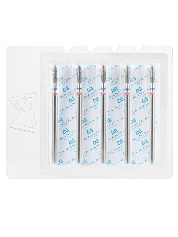 MANITA Фреза алмазная пламя острое для аппаратного маникюра 866.104.243.080.018 ФАП-1.8-8 М-С, сине-красная насечка, ø 1,8 мм, 5 шт. 579758 28358 