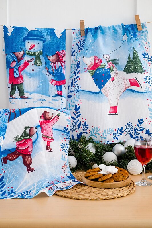 Натали Полотенце 579933 Набор кухонных полотенец Снежные забавы белый,синий